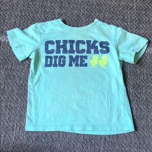 Carter's turquoise tee with navy "Chicks Dig Me" and yellow chicks